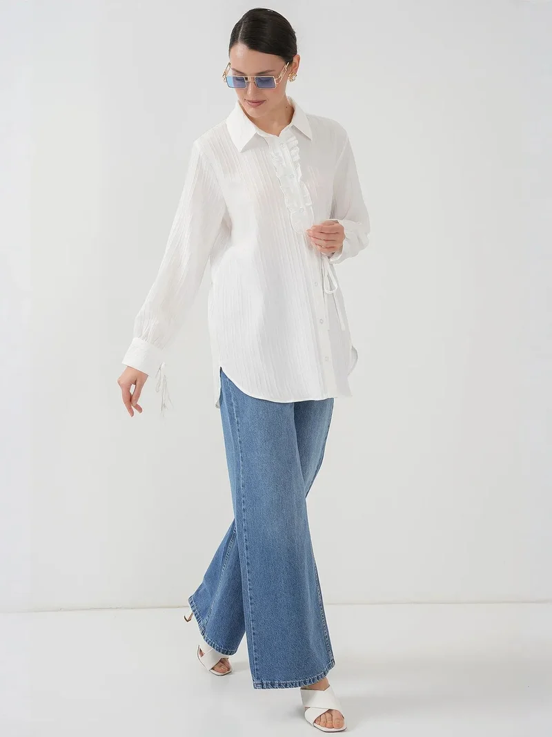 Big Dart White BDART Ruffle Detailed Textured Shirt for Women | Best Price UAE